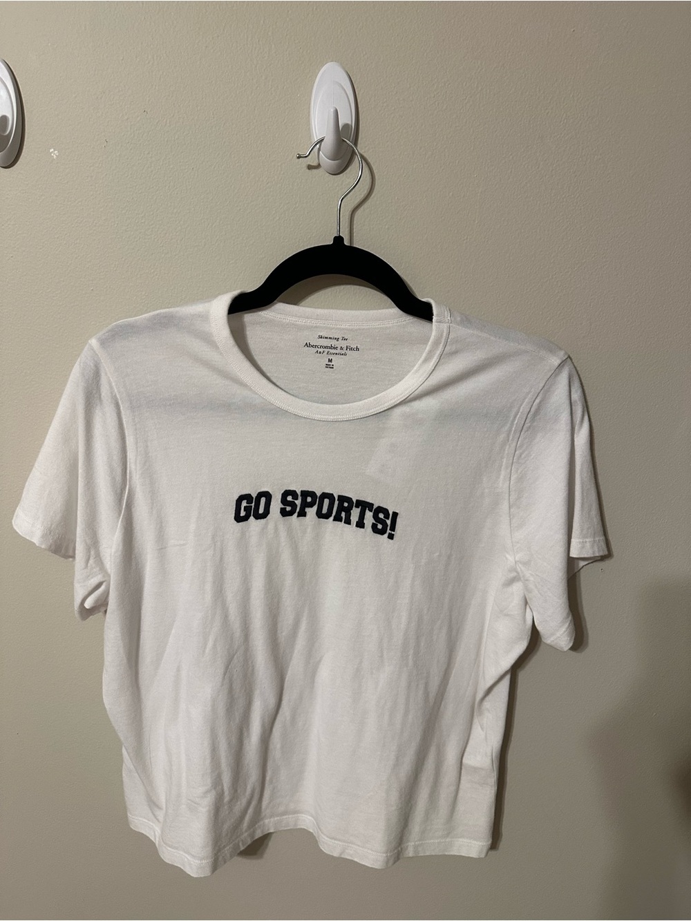 Abercrombie & Fitch White Baby Tee with Navy 'GO SPORTS!' Text